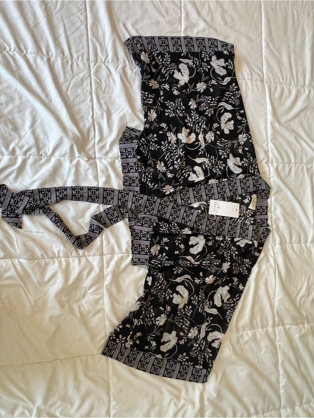 Floral Print Black Wrap Blouse with Tie Waist